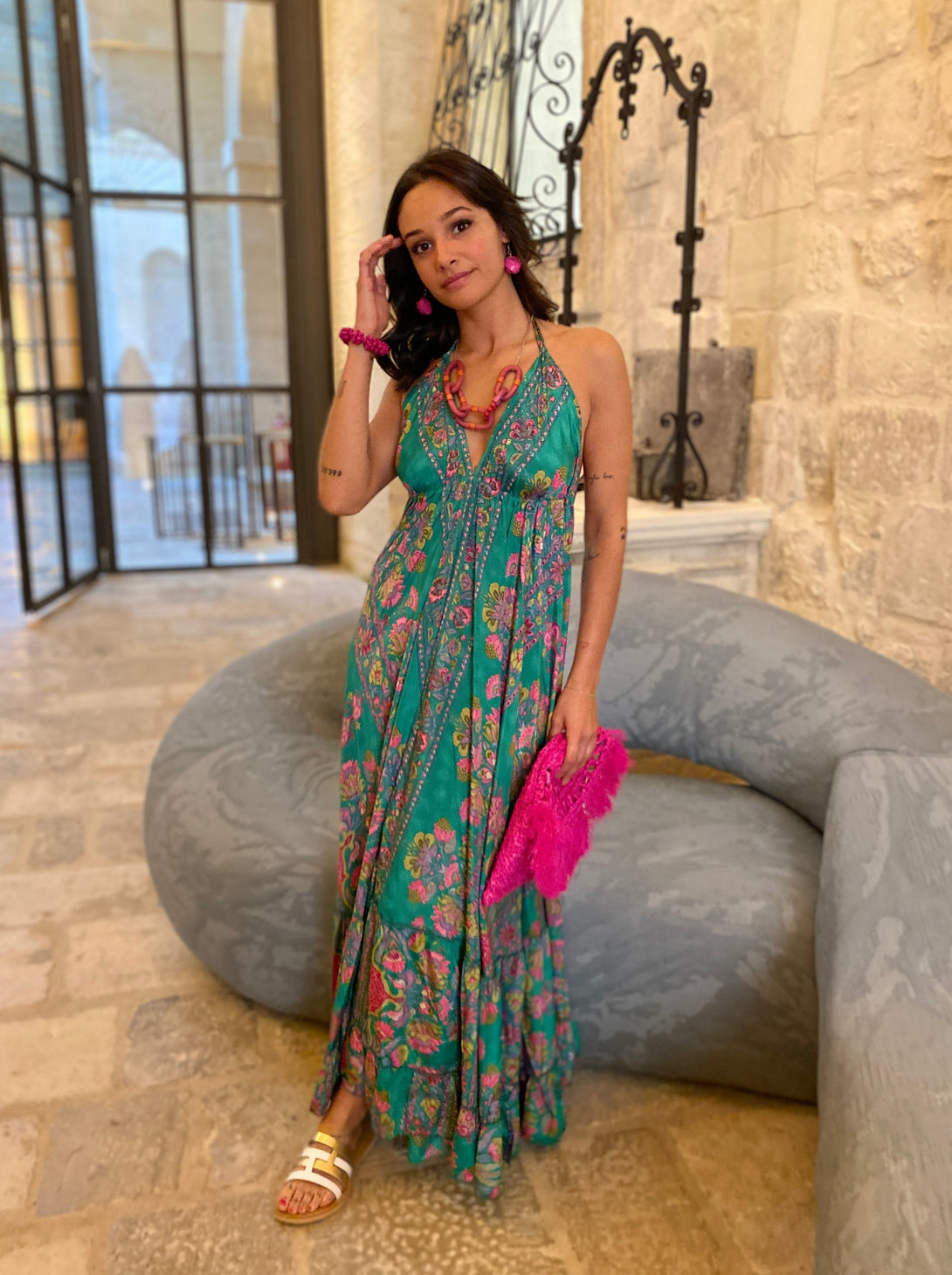 Vestito lungo seta open back Nina-Vestito-WhyY-verde-taglia unica-Bijondo