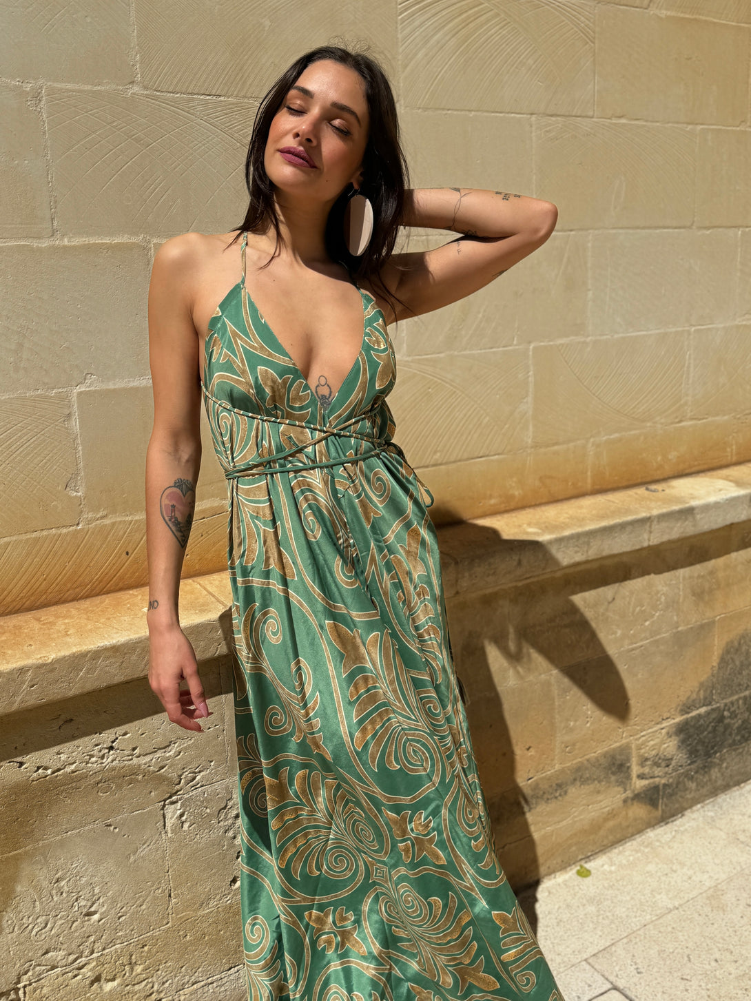 Vestito lungo seta open back Patty metallic-Vestito-WhyY-Verde-taglia unica-Bijondo