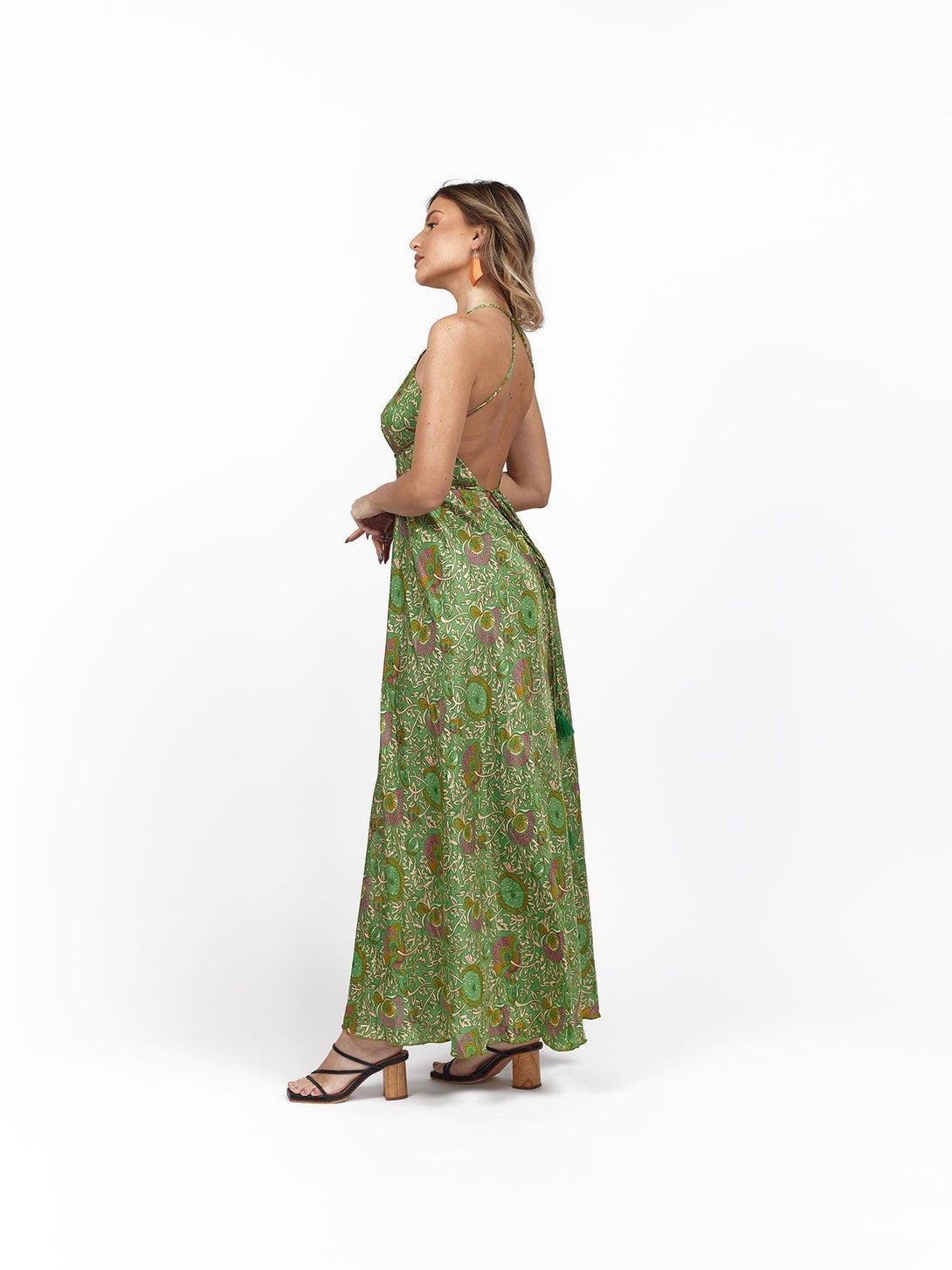 Vestito lungo seta open back Uliana - verde - Bijondo