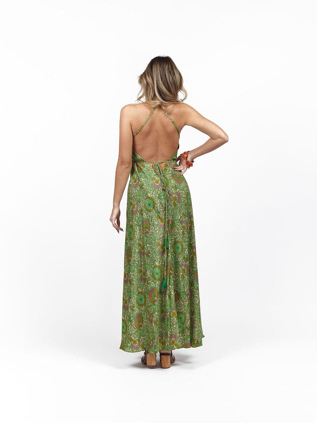 Vestito lungo seta open back Uliana - verde - Bijondo