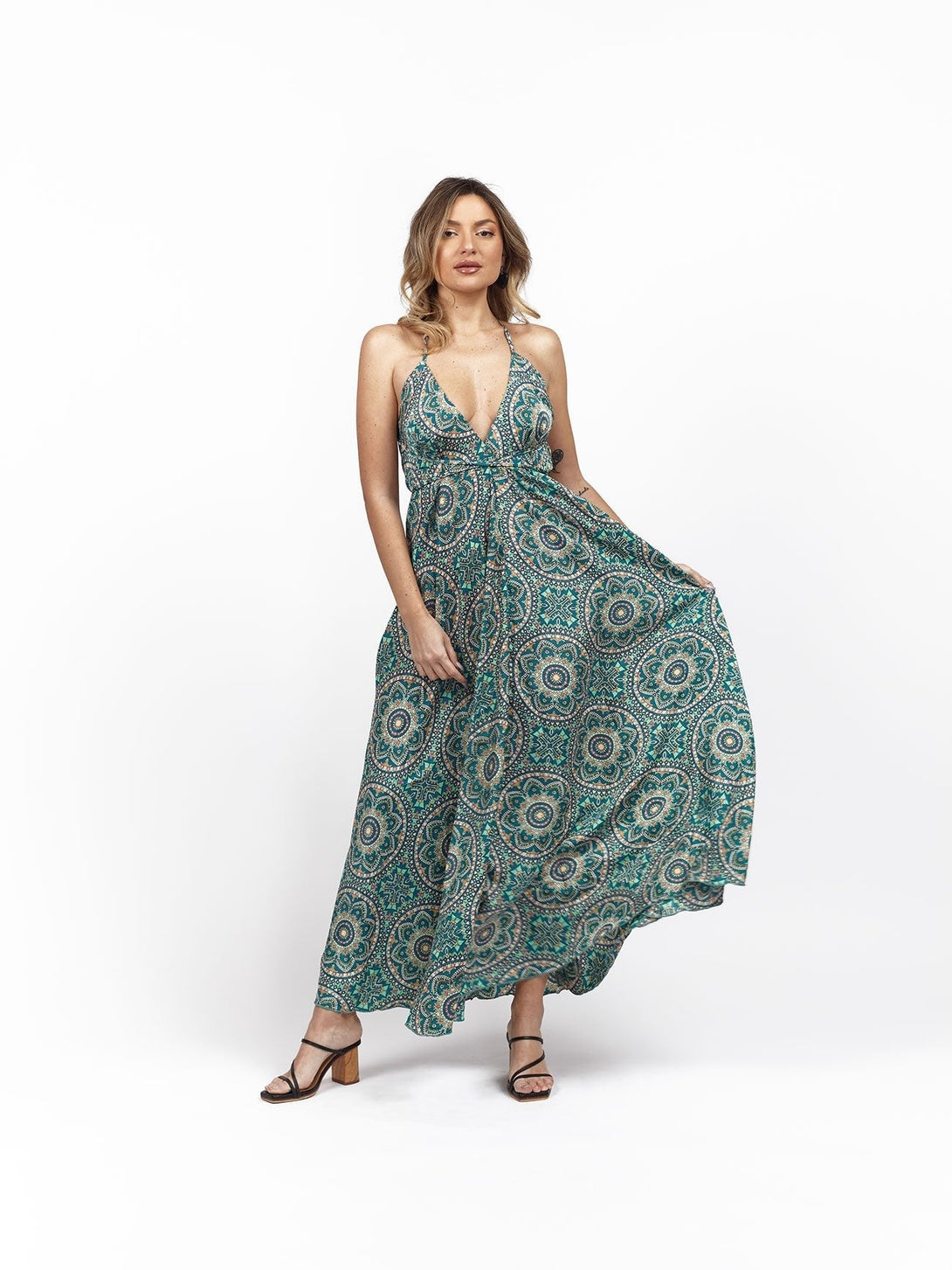 Vestito lungo seta open back Uliana - azzurro - Bijondo