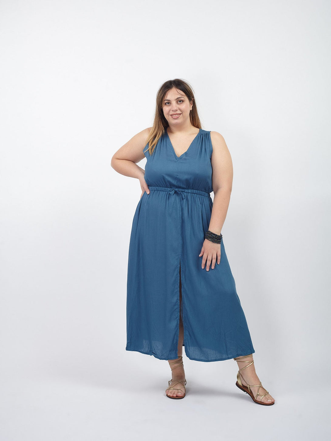 Vestito lungo smanicato stile impero Kirsten-blu acciaio-Bijondo