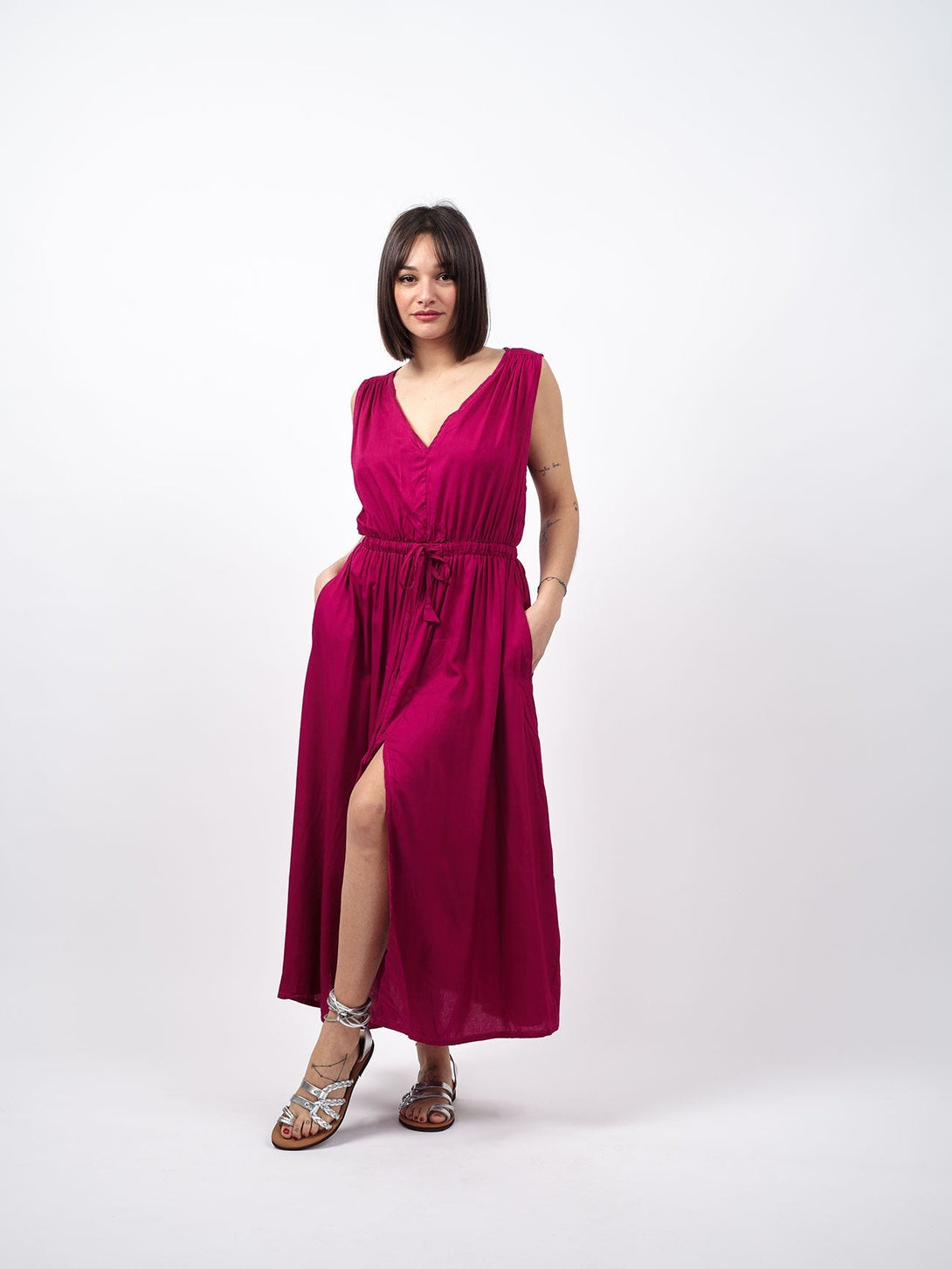 Vestito lungo smanicato stile impero Kirsten-megenta-Bijondo