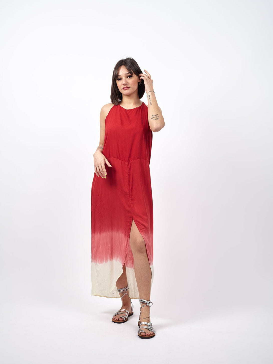 Vestito lungo stampa sfumata Isabella-rosso bianco-Bijondo