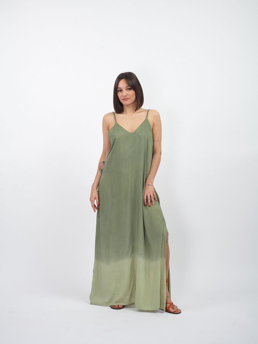 Vestito lungo stampa sfumata rayon Marzia-verde-Bijondo
