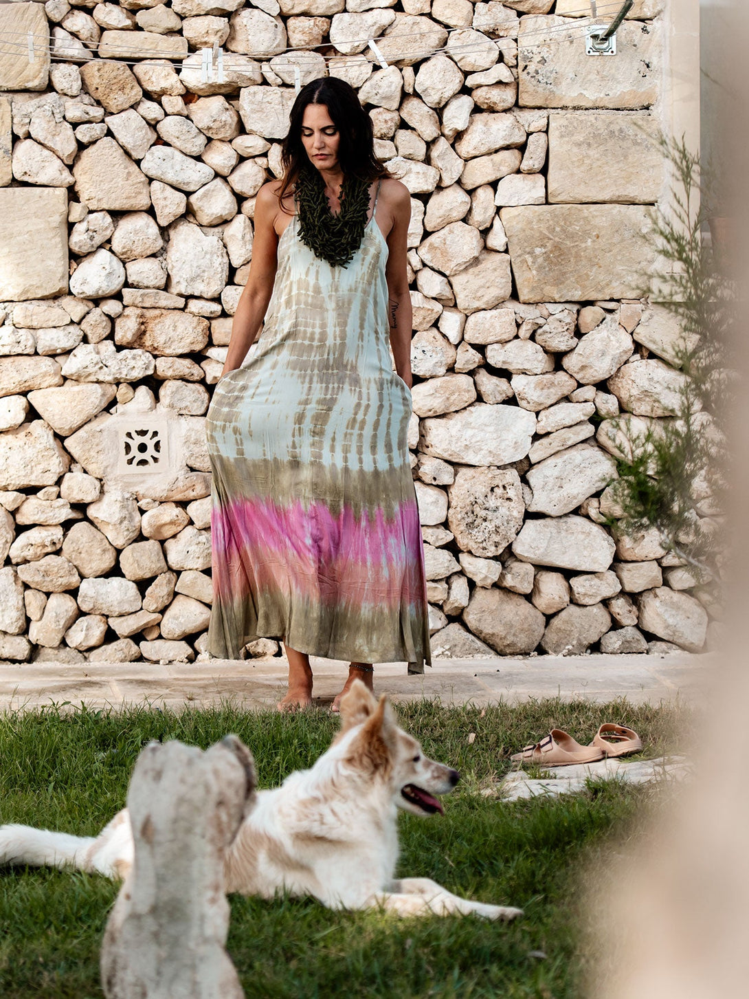 Vestito lungo stampa sfumata rayon Marzia-verde-taglia unica-Bijondo