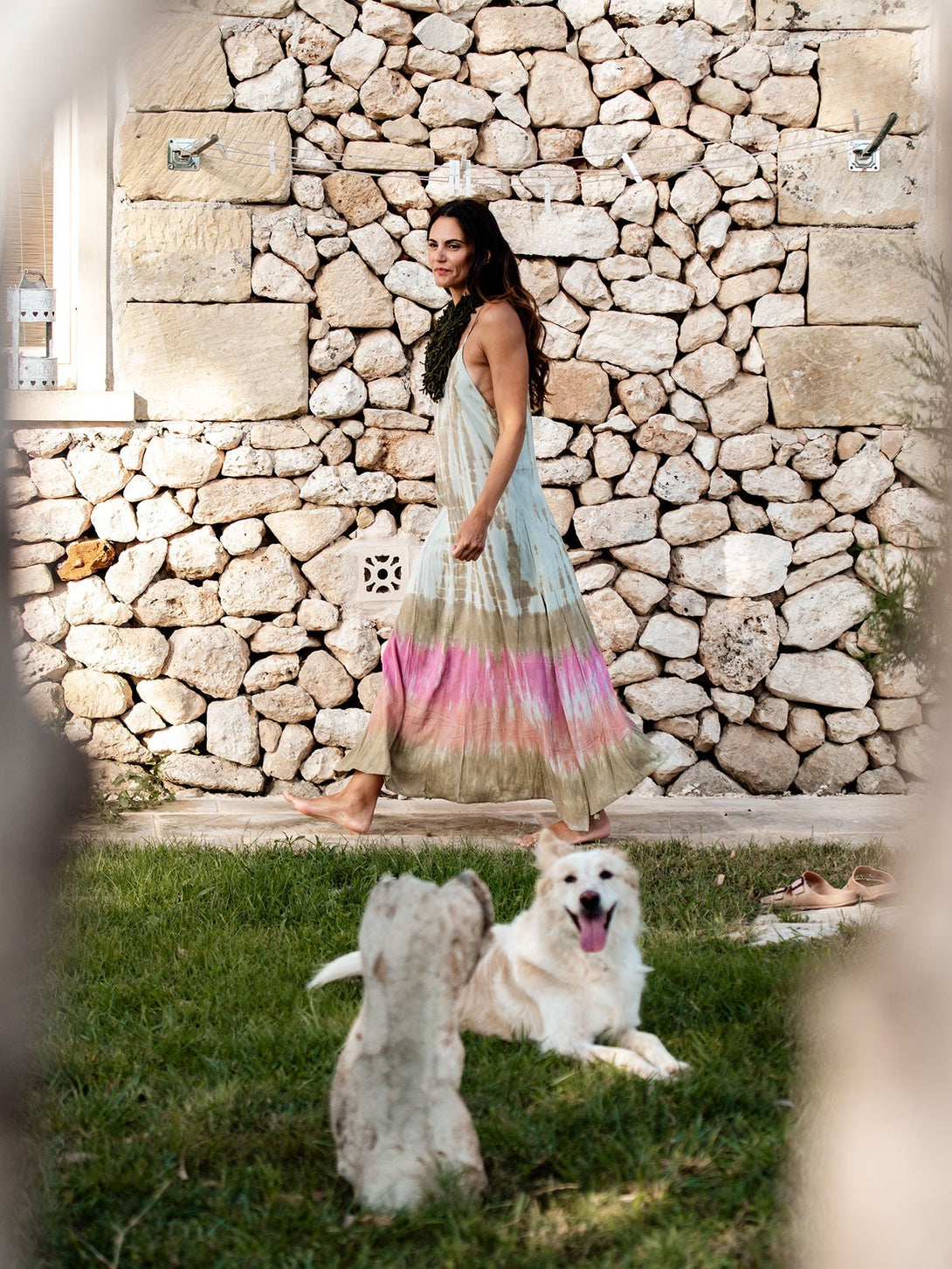 Vestito lungo stampa sfumata rayon Marzia-verde-taglia unica-Bijondo