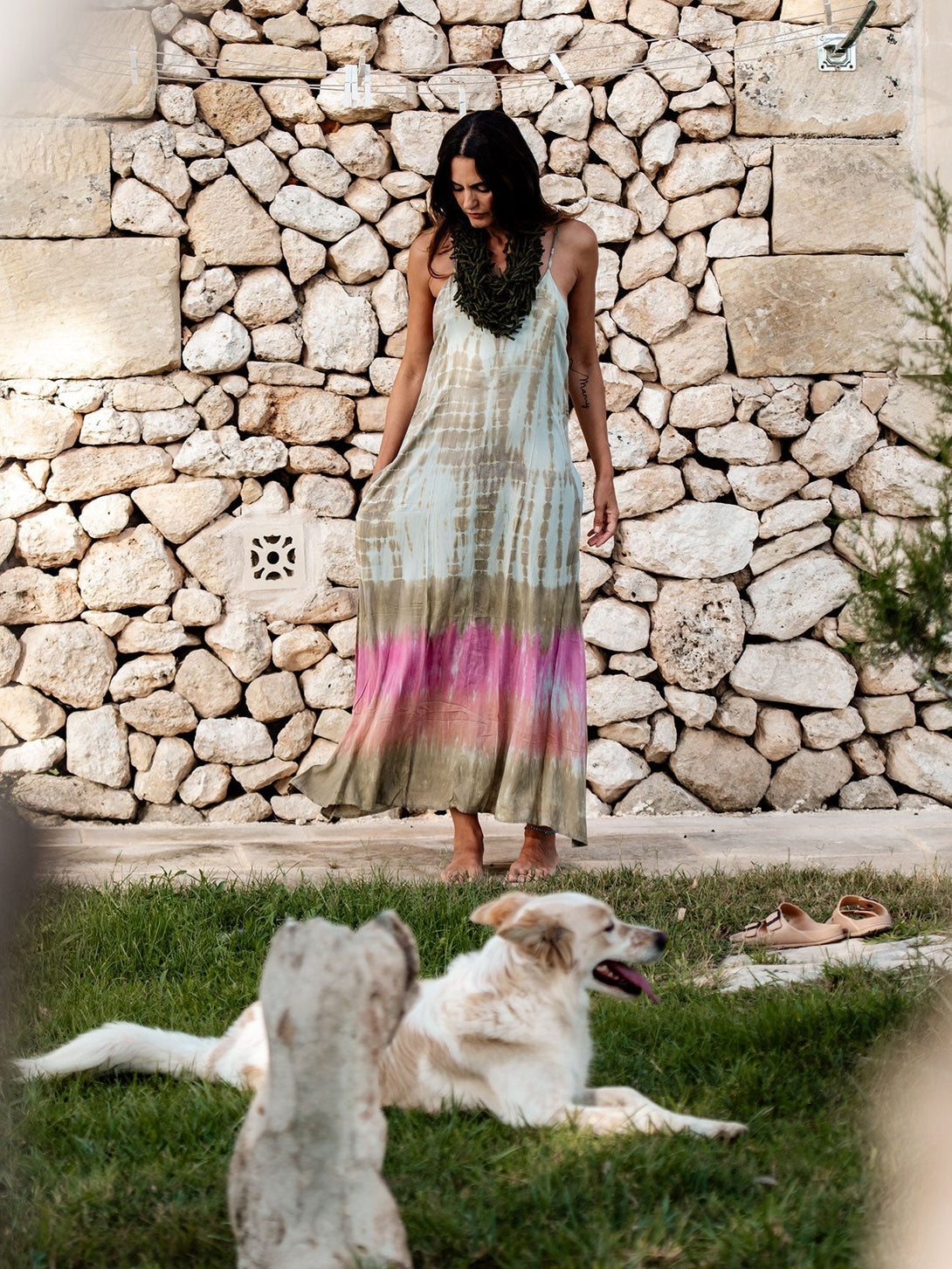 Vestito lungo stampa sfumata rayon Marzia-verde-taglia unica-Bijondo