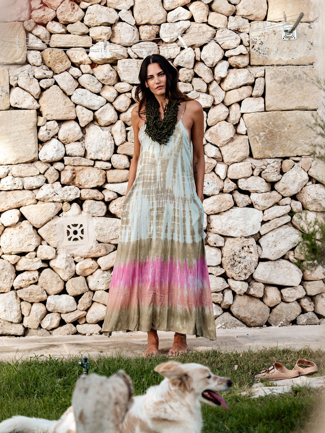 Vestito lungo stampa sfumata rayon Marzia-verde-taglia unica-Bijondo