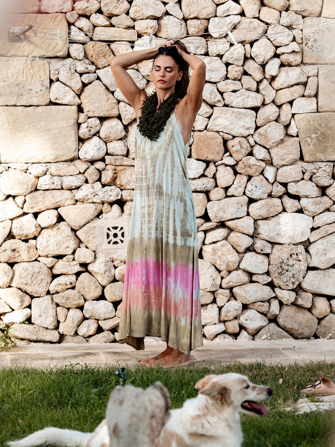 Vestito lungo stampa sfumata rayon Marzia-verde-taglia unica-Bijondo