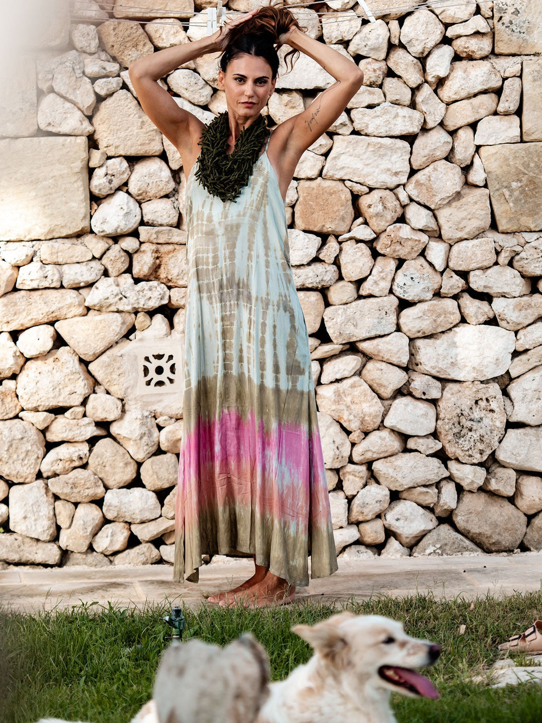 Vestito lungo stampa sfumata rayon Marzia-acquamarina-taglia unica-Bijondo