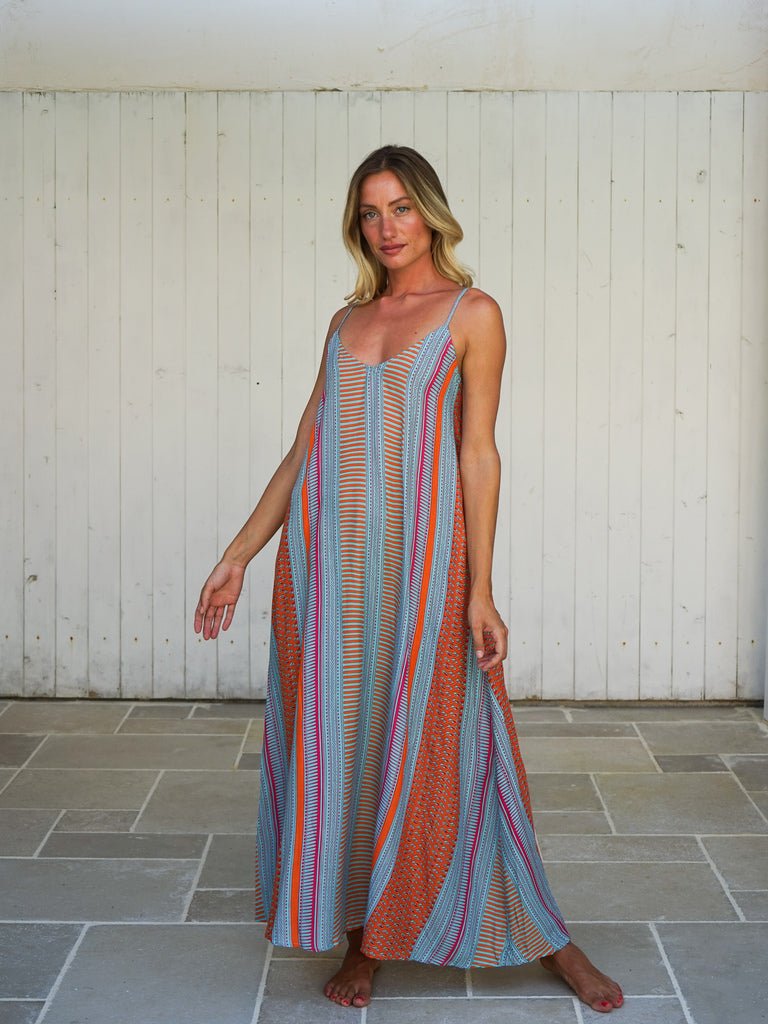 Vestito lungo svasato rayon con fiocco Cesira - arancione - Bijondo