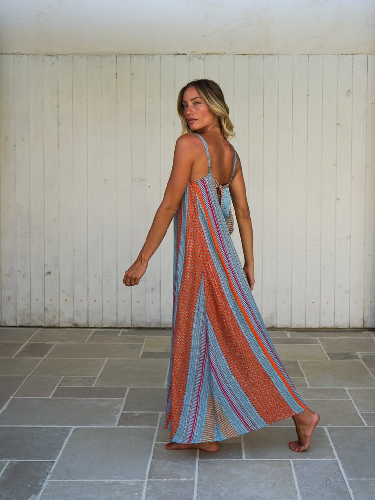 Vestito lungo svasato rayon con fiocco Cesira - arancione - Bijondo