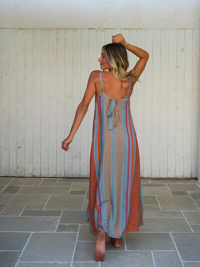 Vestito lungo svasato rayon con fiocco Cesira - arancione - Bijondo