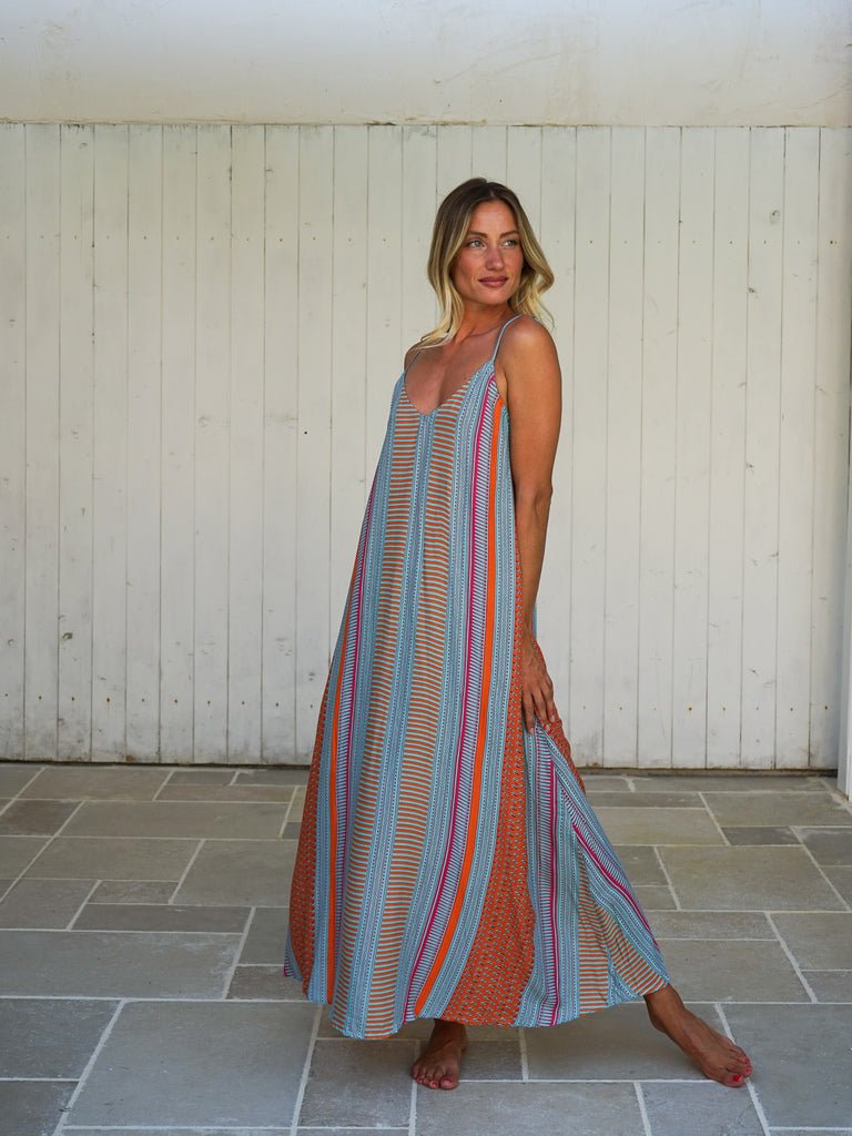 Vestito lungo svasato rayon con fiocco Cesira - arancione - Bijondo