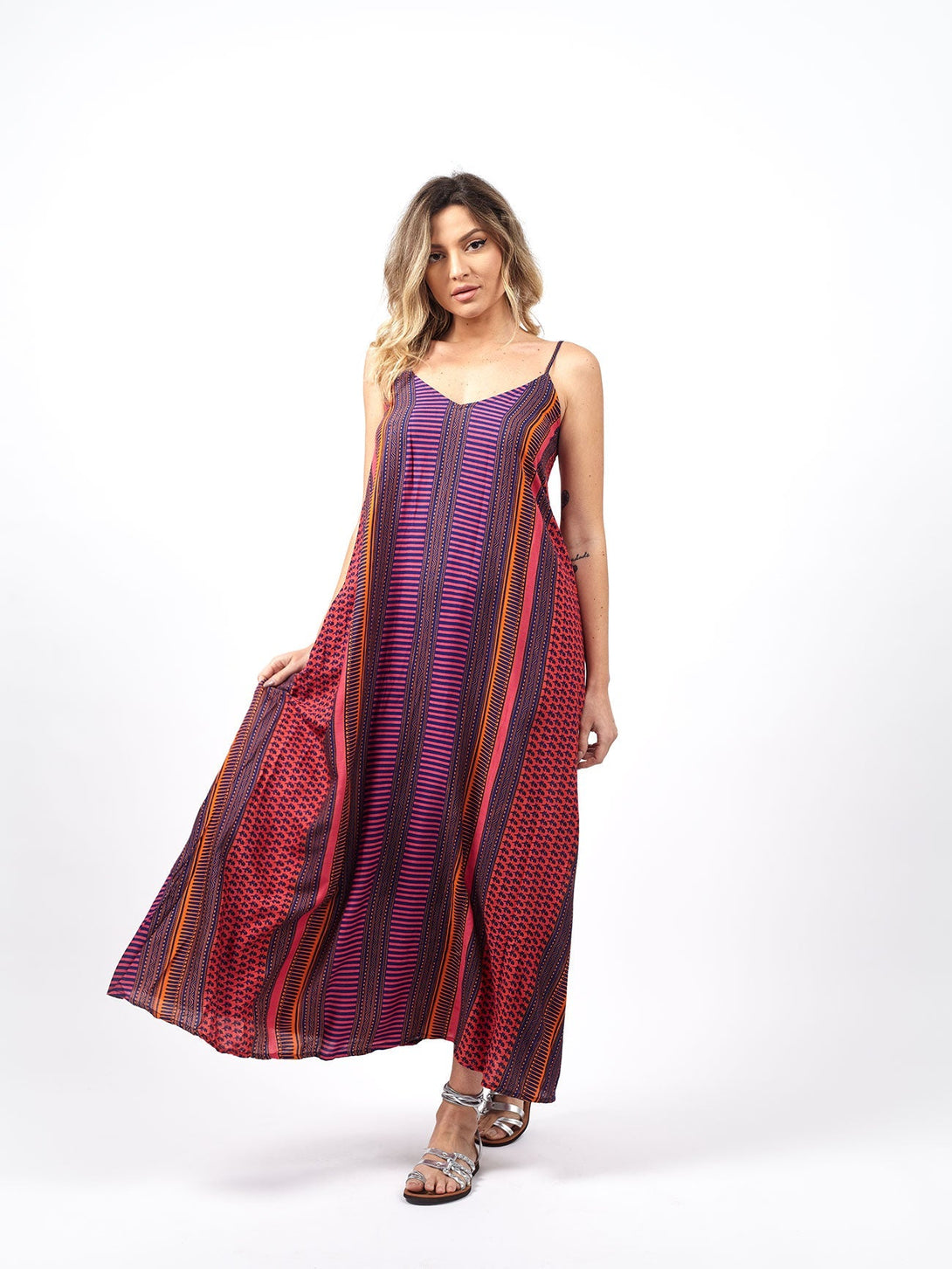 Vestito lungo svasato rayon con fiocco Cesira-magenta-Bijondo