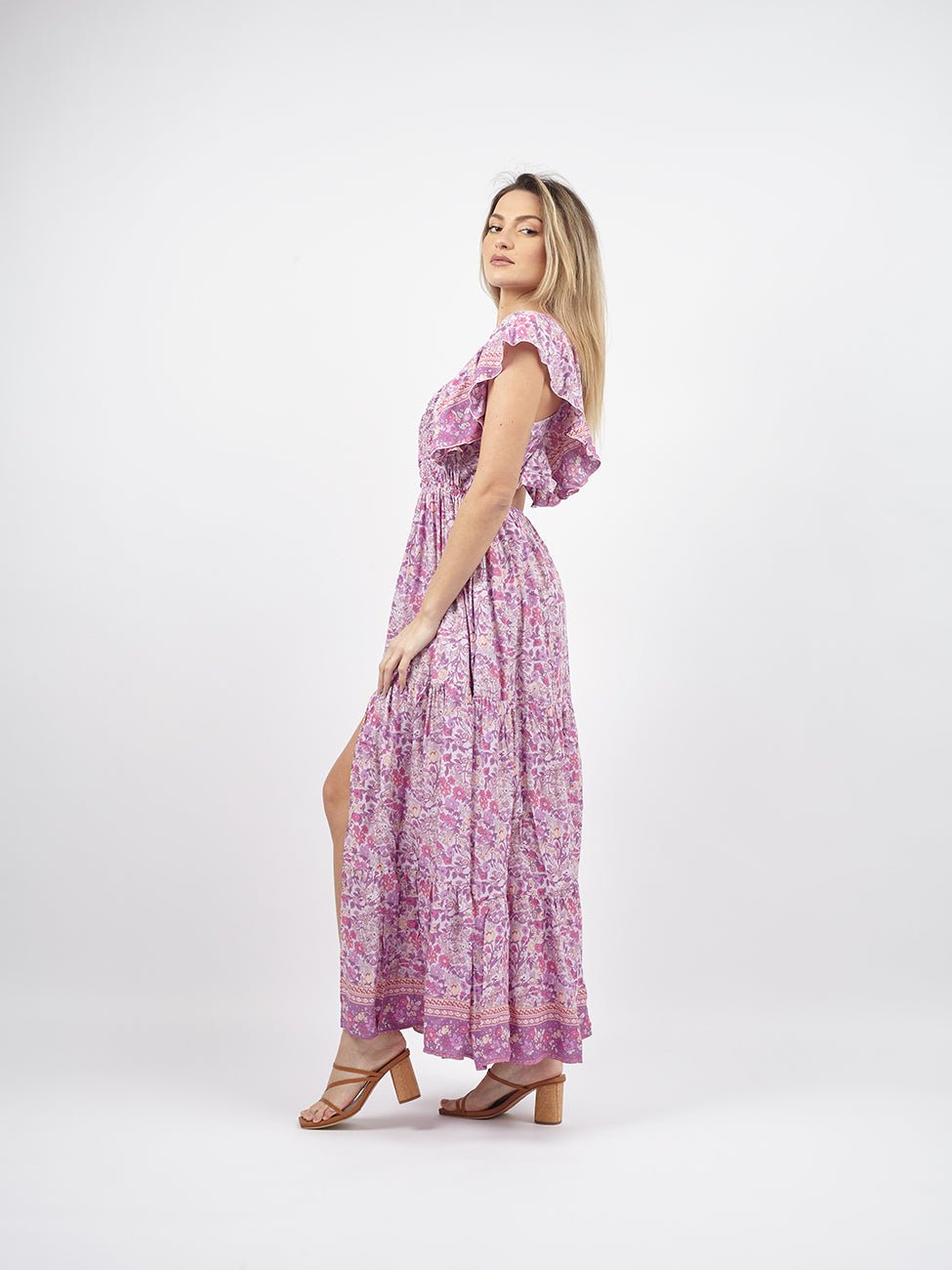 Vestito lungo volant schiena scoperta Cecilia - lilla - Bijondo