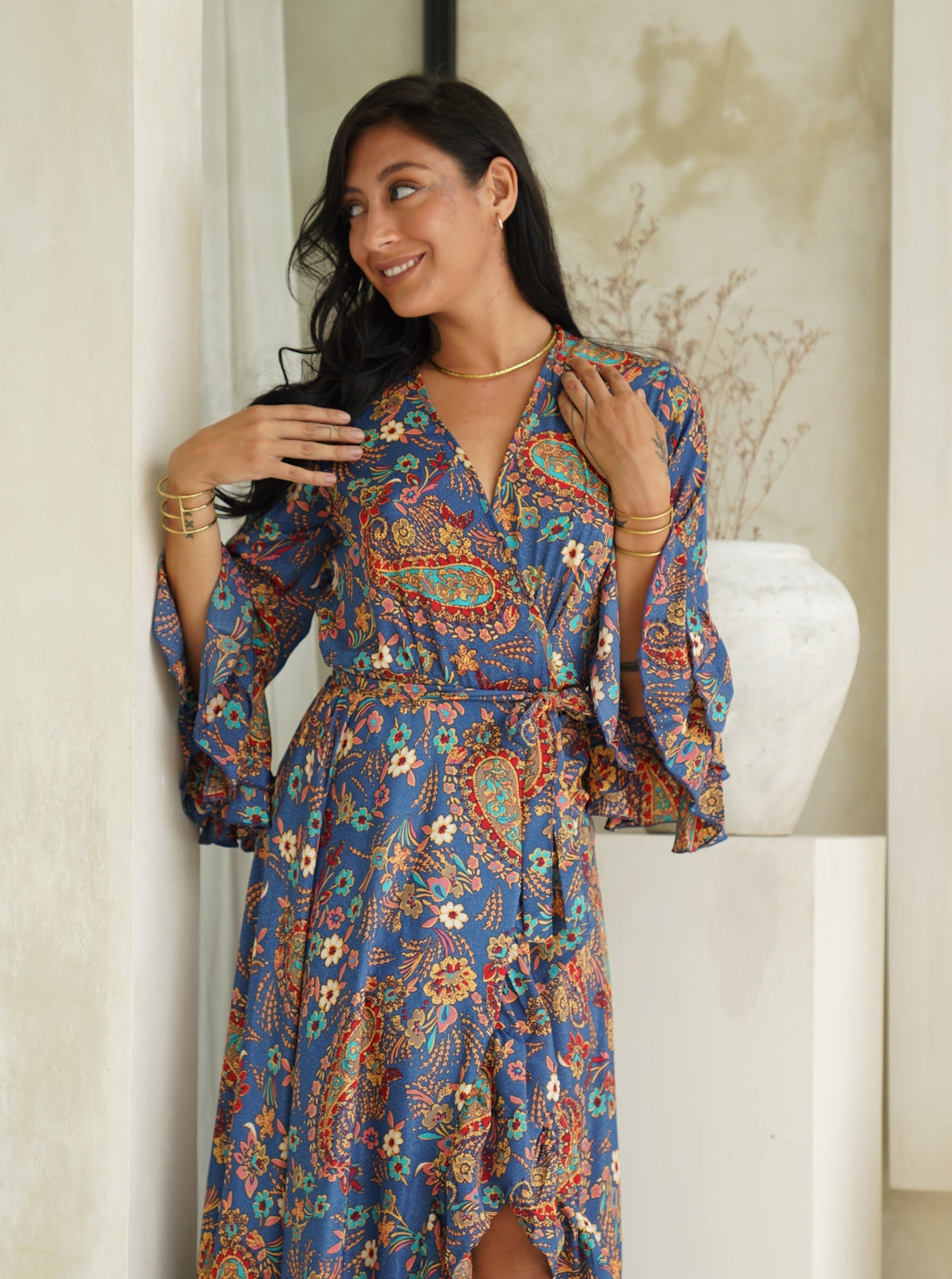 Vestito lungo wrap seta rouches Gilda-giallo-Bijondo