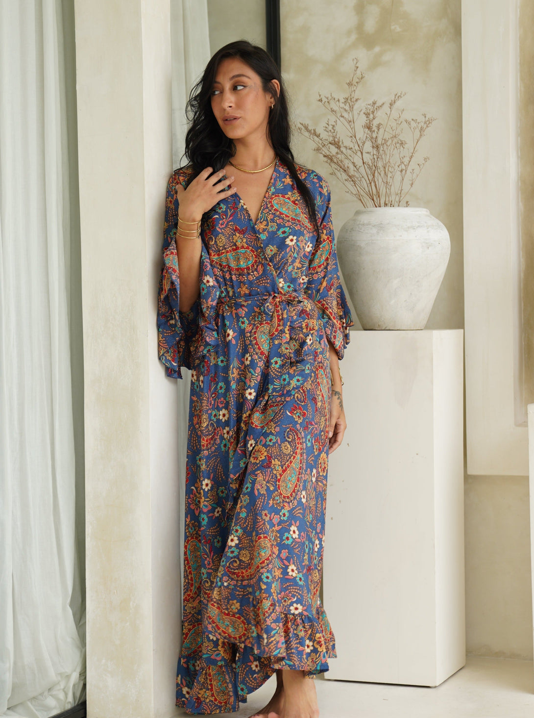 Vestito lungo wrap seta rouches Gilda-giallo-Bijondo