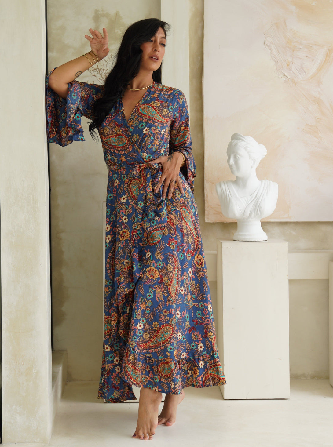 Vestito lungo wrap seta rouches Gilda-giallo-Bijondo