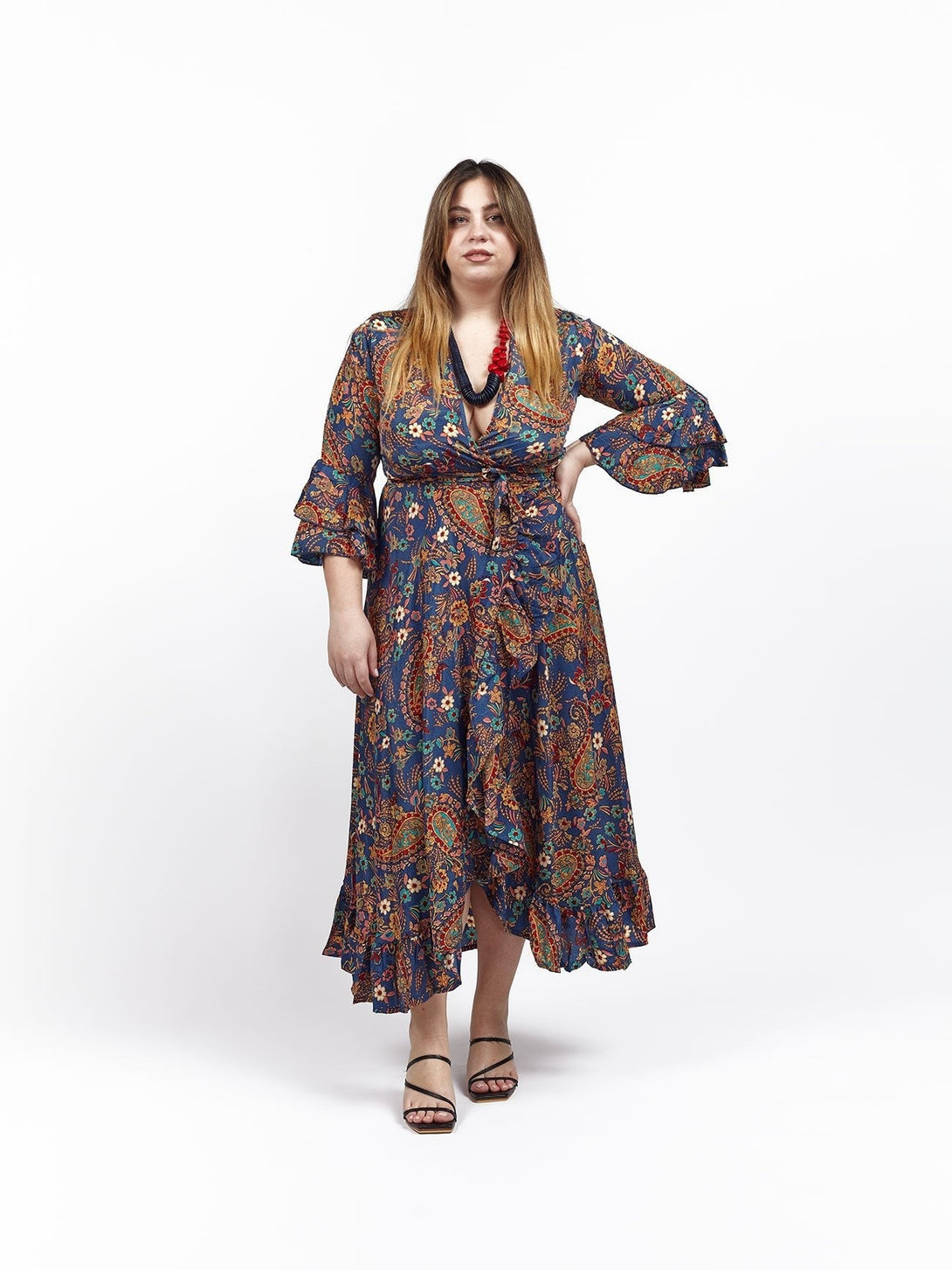 Vestito lungo wrap seta rouches Gilda - blu floreale - Bijondo