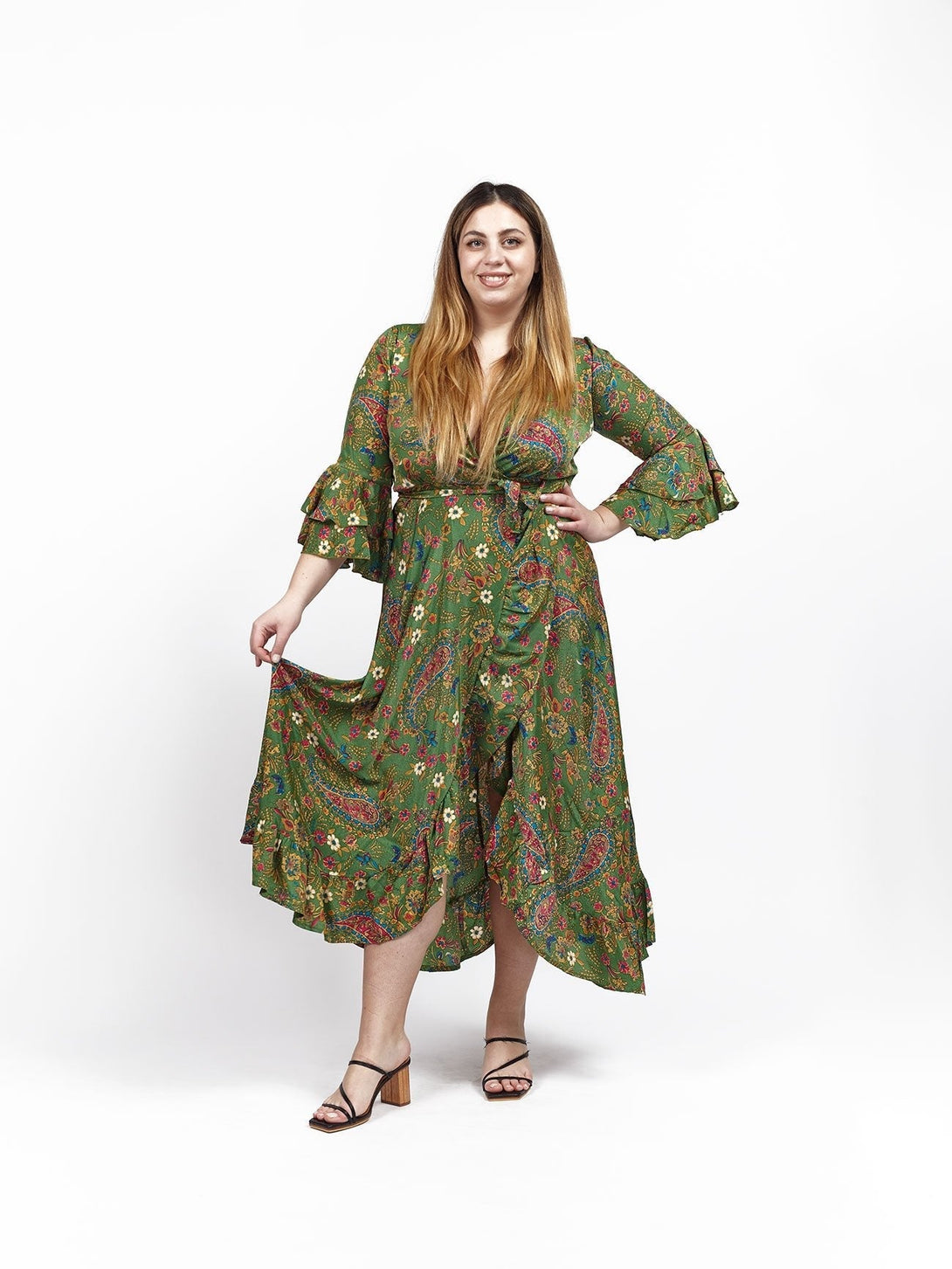 Vestito lungo wrap seta rouches Gilda - verde floreale - Bijondo