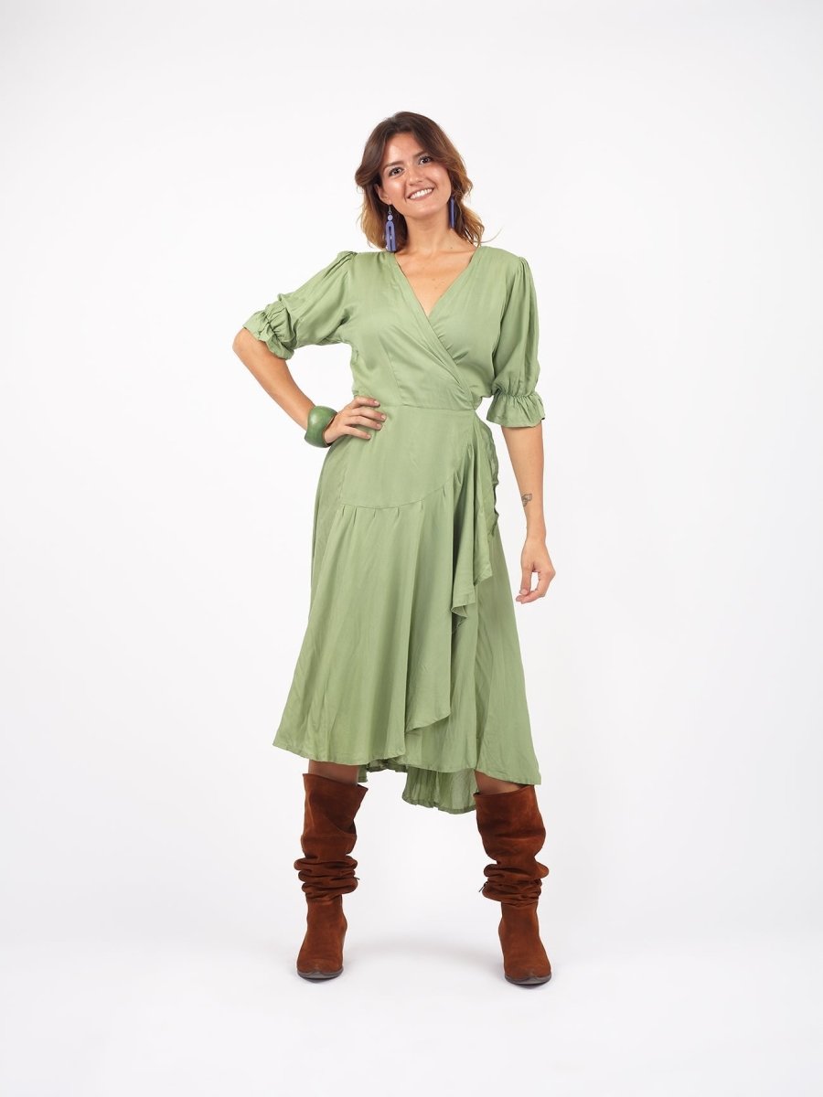 Vestito midi a portafoglio dettaglio manica Sasha - ghiaccio - Bijondo