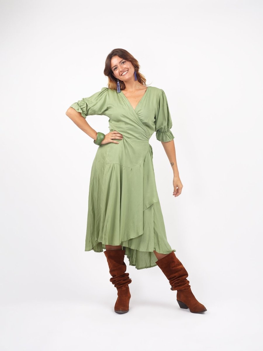 Vestito midi a portafoglio dettaglio manica Sasha - ghiaccio - Bijondo