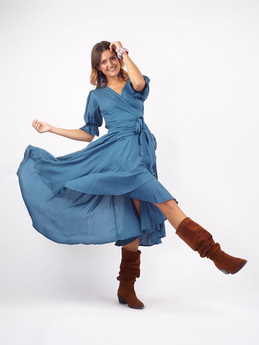 Vestito midi a portafoglio dettaglio manica Sasha - ghiaccio - Bijondo