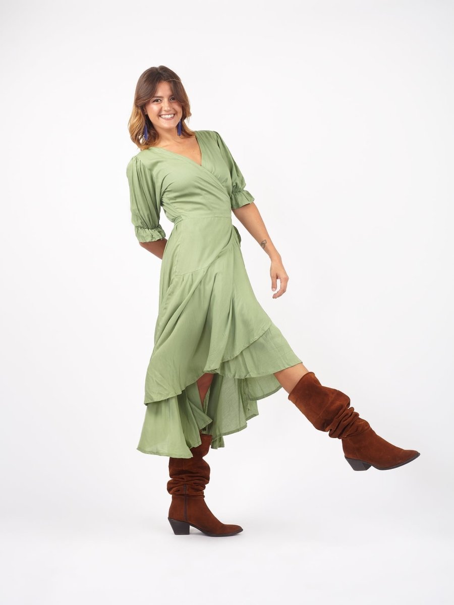 Vestito midi a portafoglio dettaglio manica Sasha - ghiaccio - Bijondo