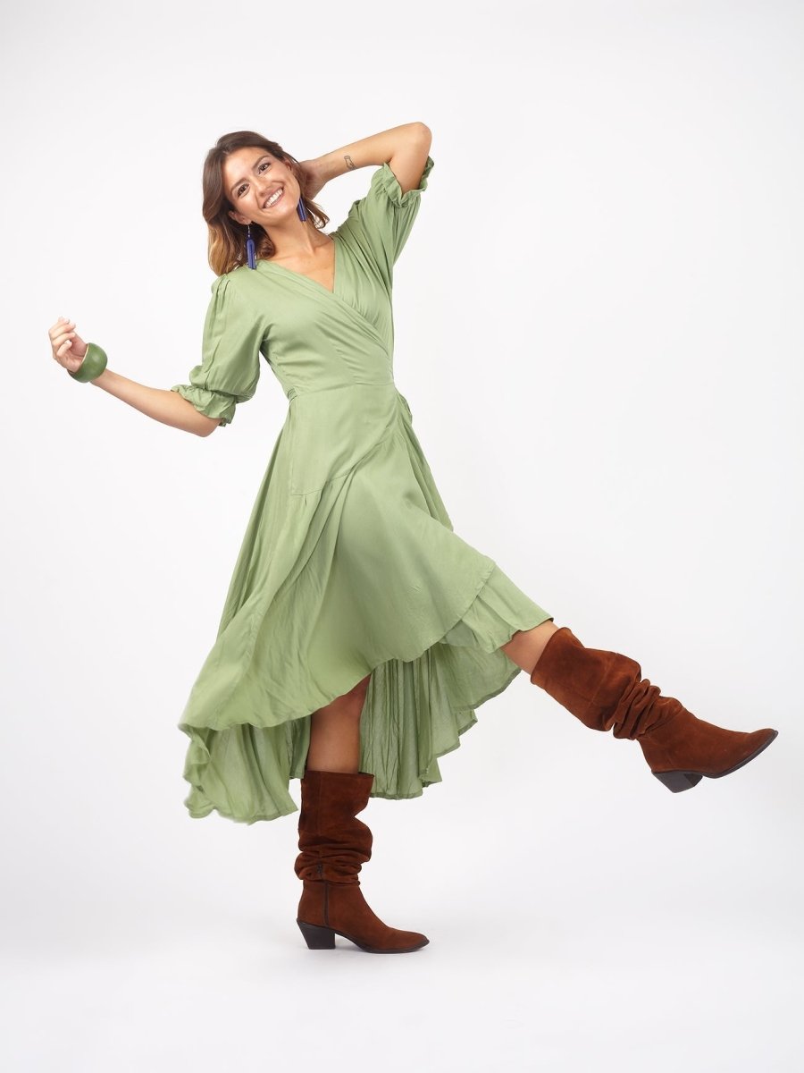 Vestito midi a portafoglio dettaglio manica Sasha - ghiaccio - Bijondo