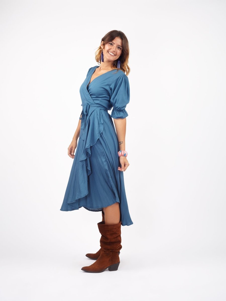 Vestito midi a portafoglio dettaglio manica Sasha - ghiaccio - Bijondo