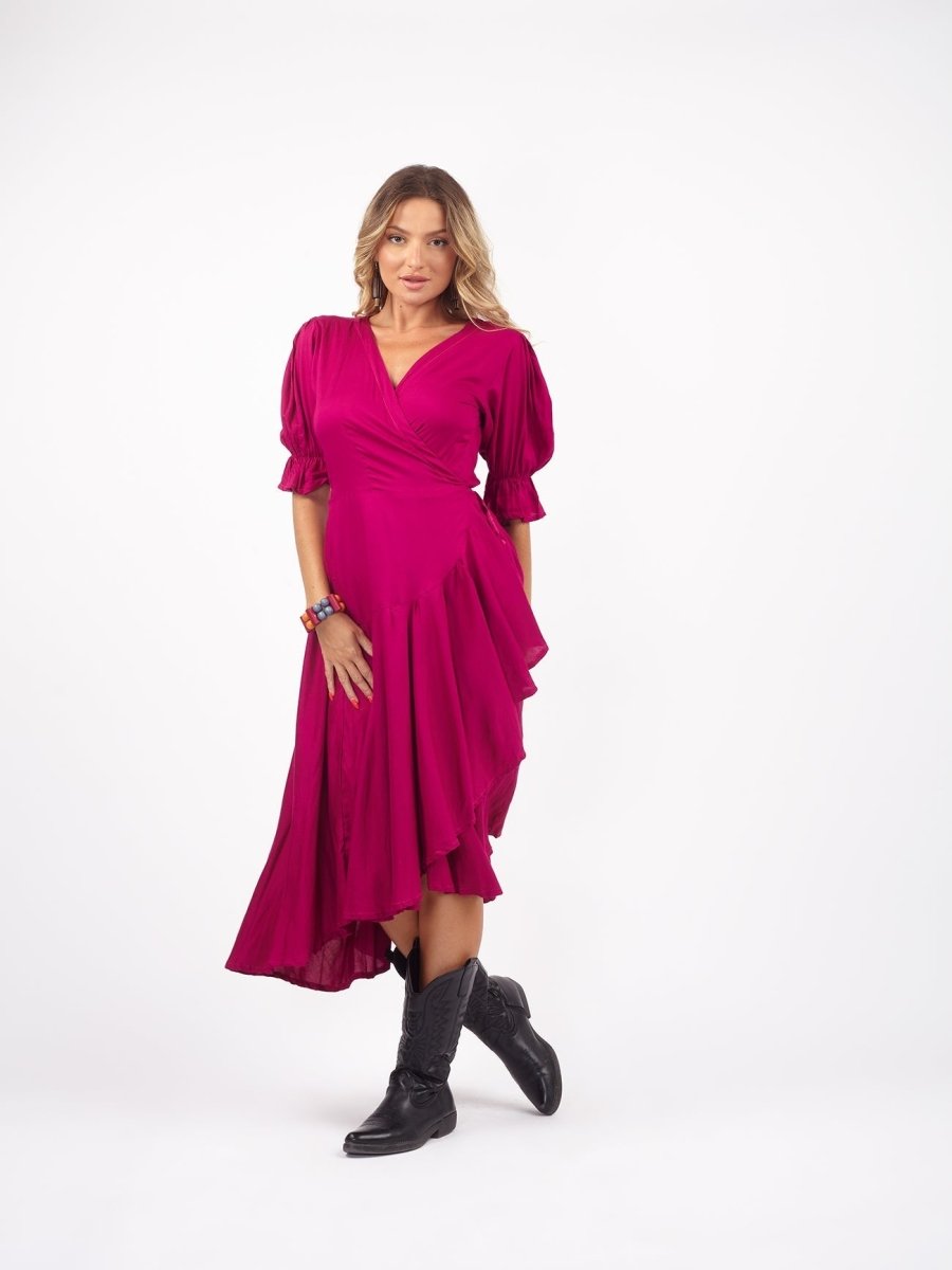 Vestito midi a portafoglio dettaglio manica Sasha - magenta - Bijondo