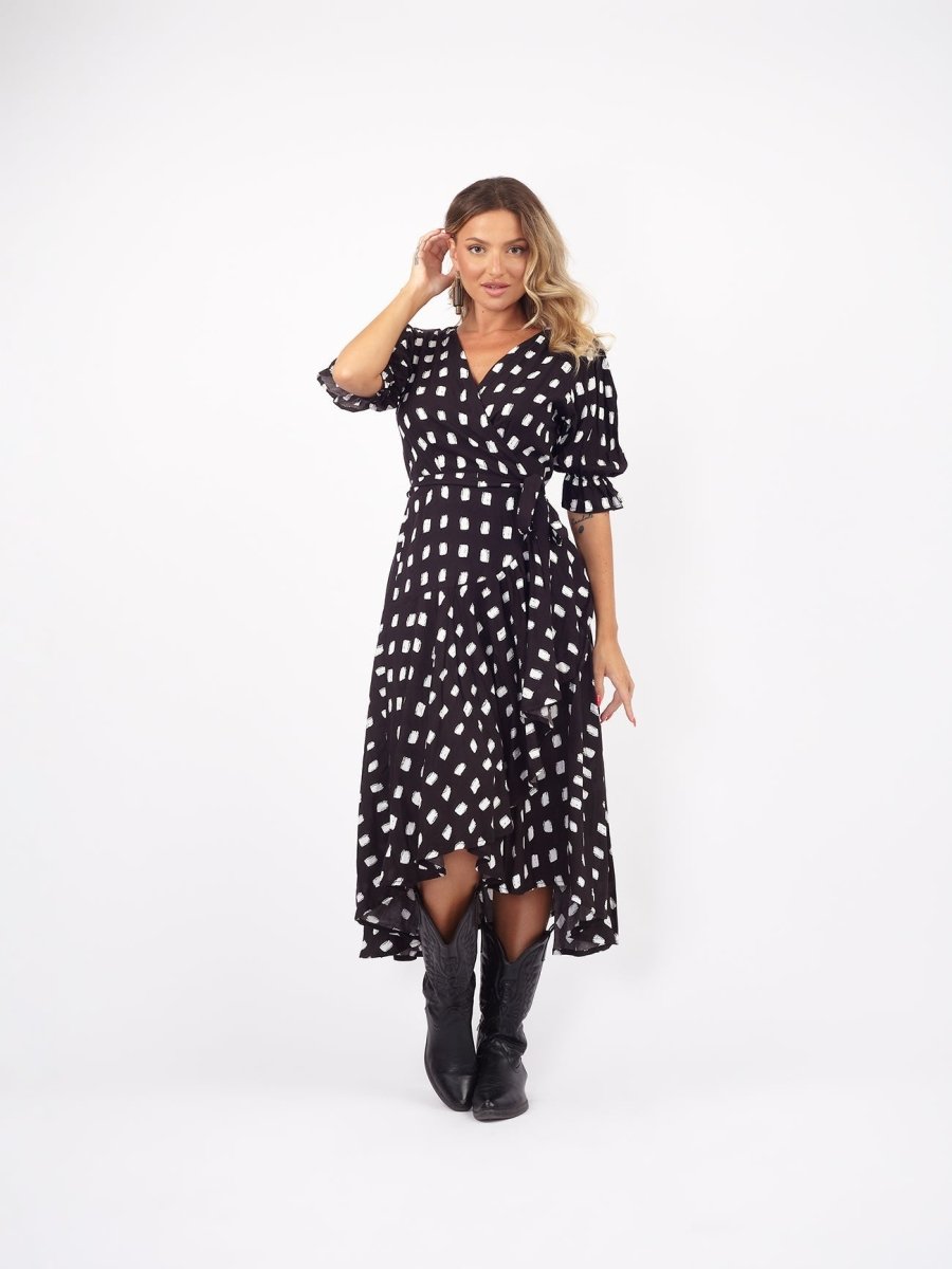 Vestito midi a portafoglio dettaglio manica Sasha - nero - Bijondo