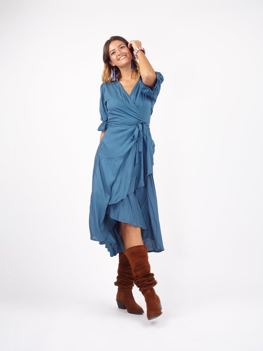 Vestito midi a portafoglio dettaglio manica Sasha - ottanio - Bijondo