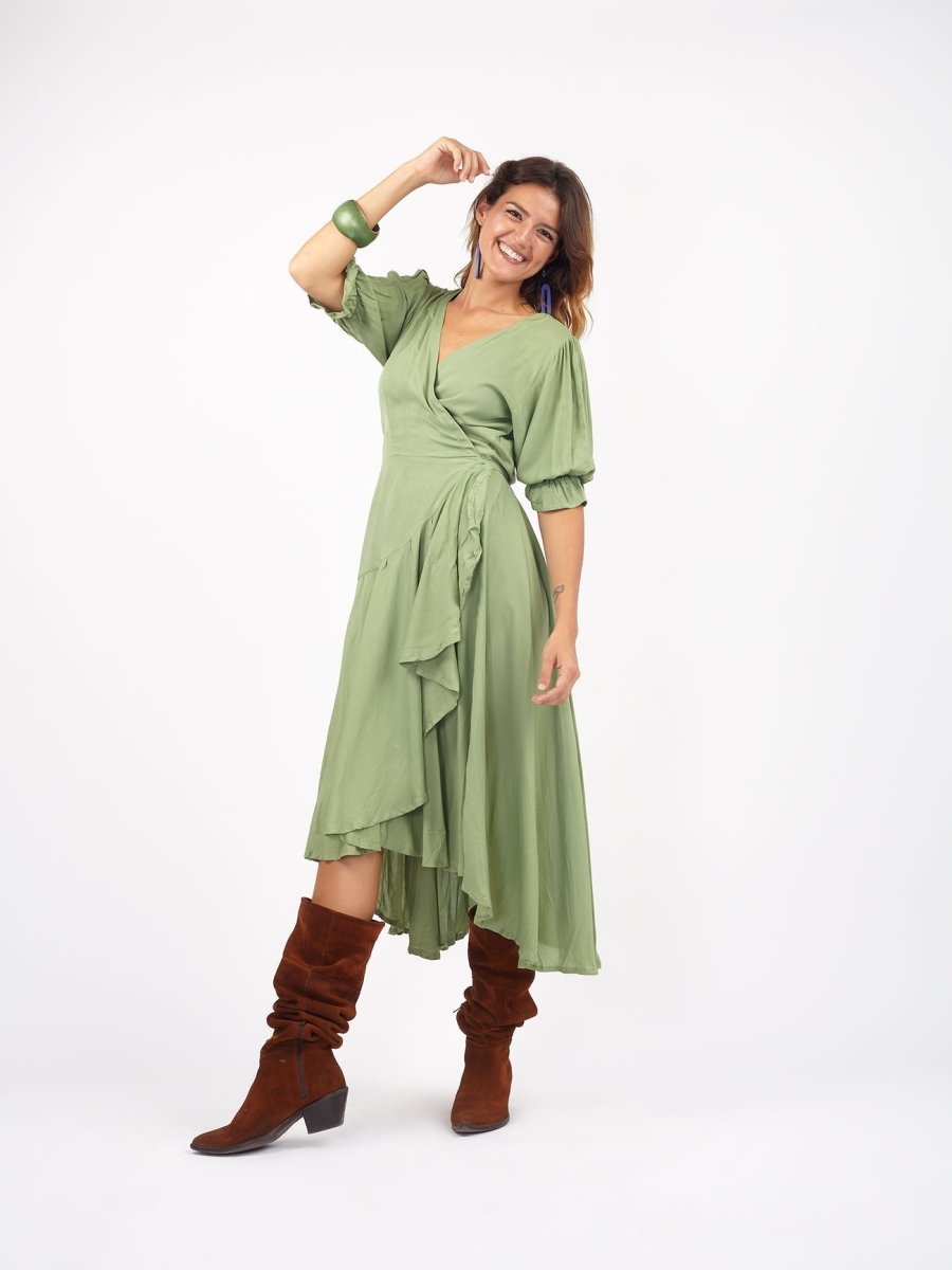 Vestito midi a portafoglio dettaglio manica Sasha - verde - Bijondo