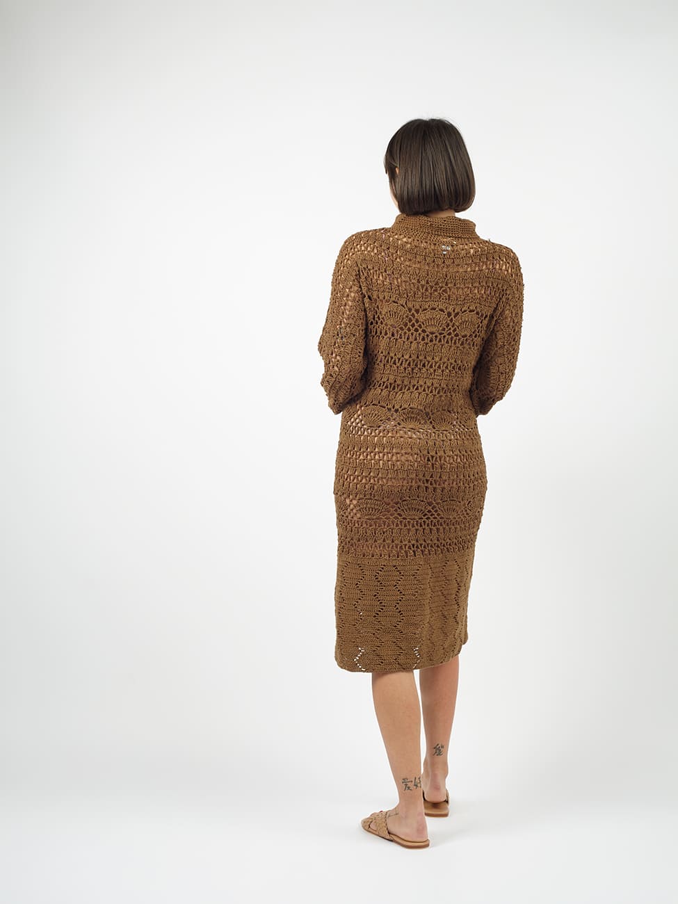 Vestito midi collo alto Crochet Nanami - nocciola - Bijondo