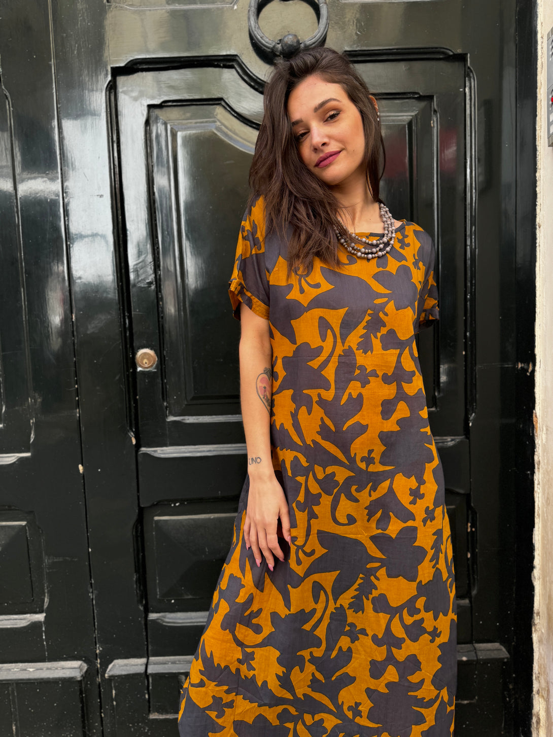 Vestito midi cotone Evie-Vestito-Bijondo-Ocra-S-M-Bijondo