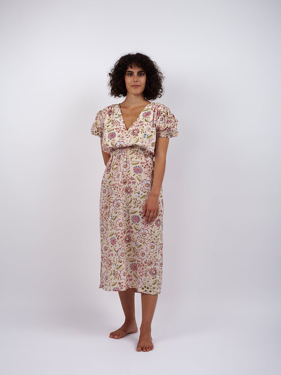 Vestito midi cotone bianco Sharmili - blockprint - Bijondo