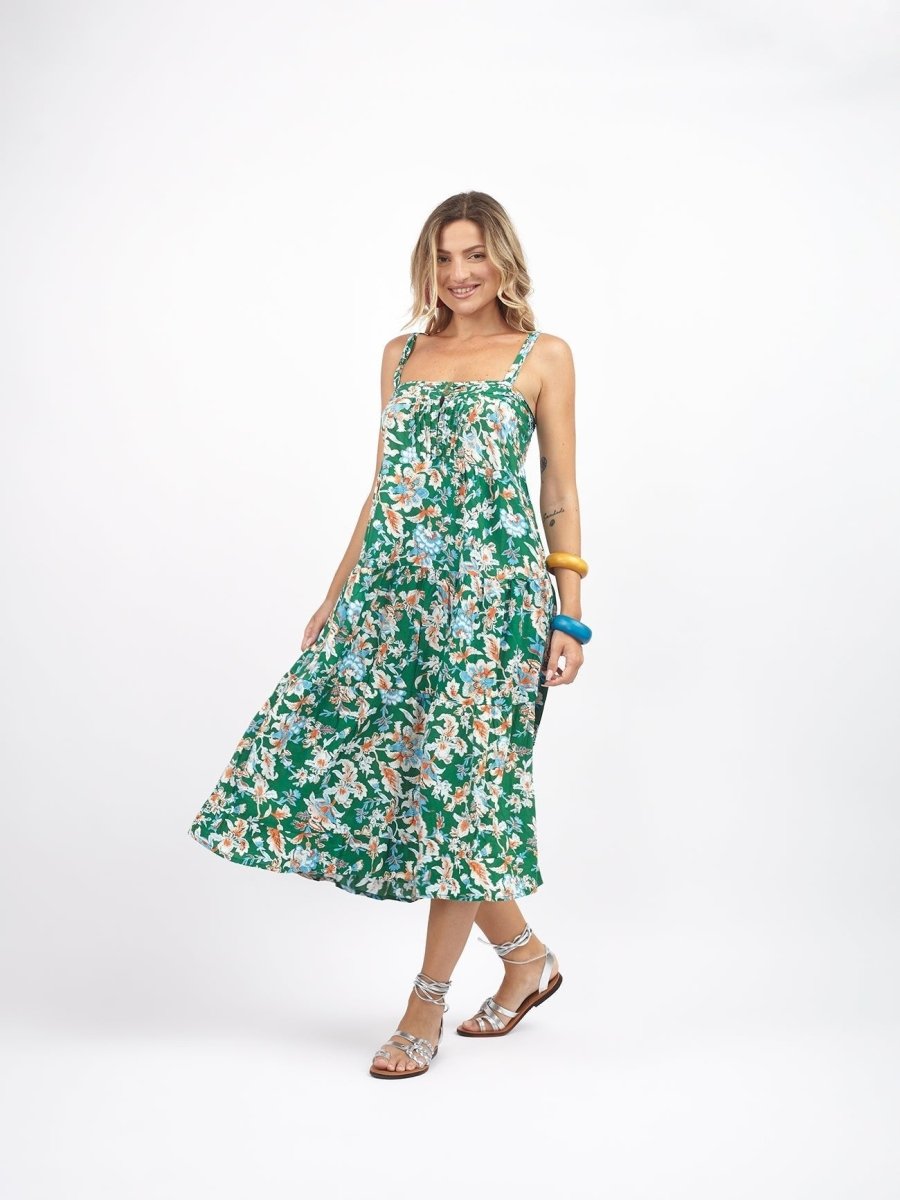 Vestito midi rayon con bottoni Dina - verde - Bijondo