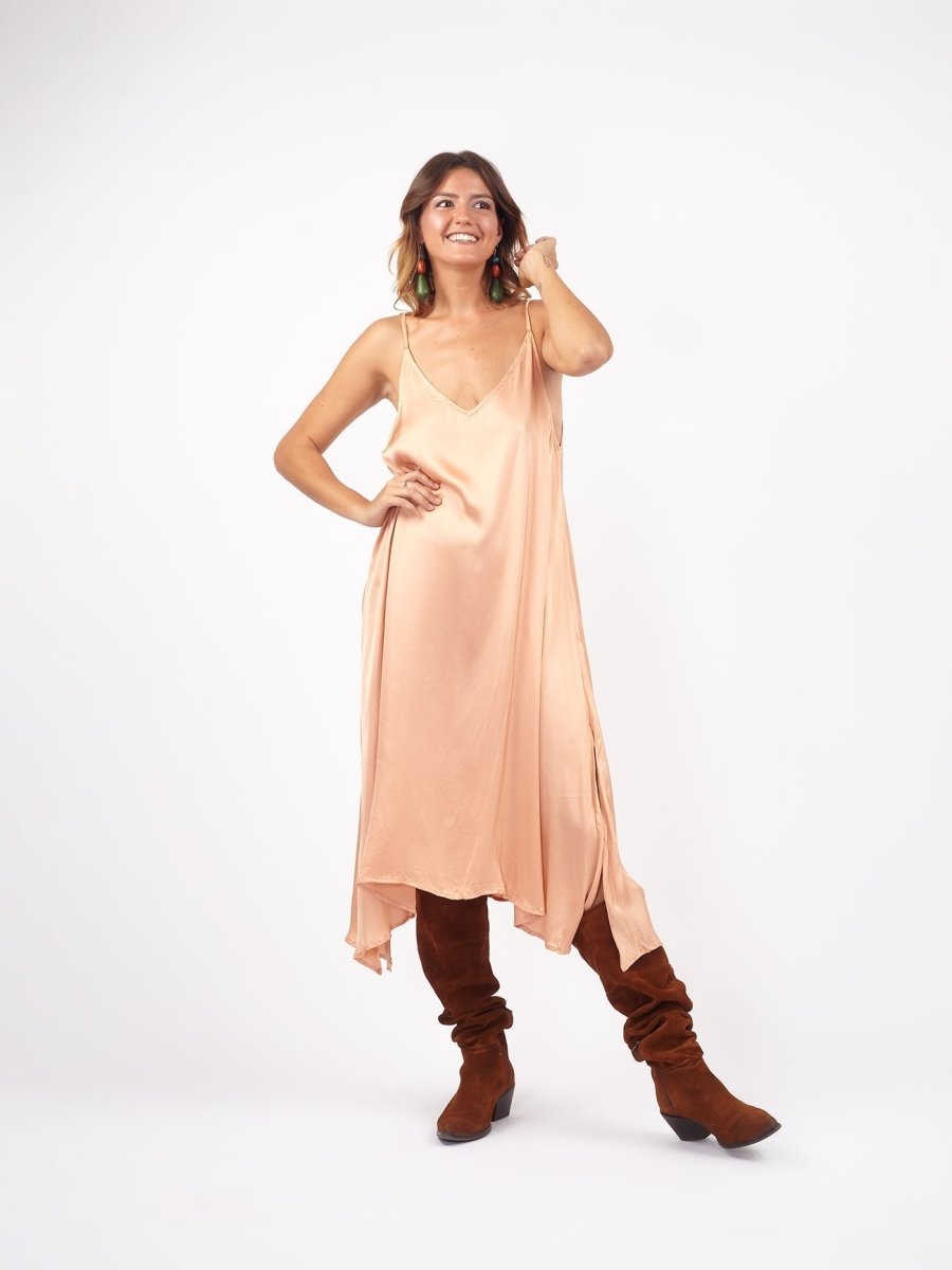 Vestito midi satinato bretelle Mona - azzurro - Bijondo