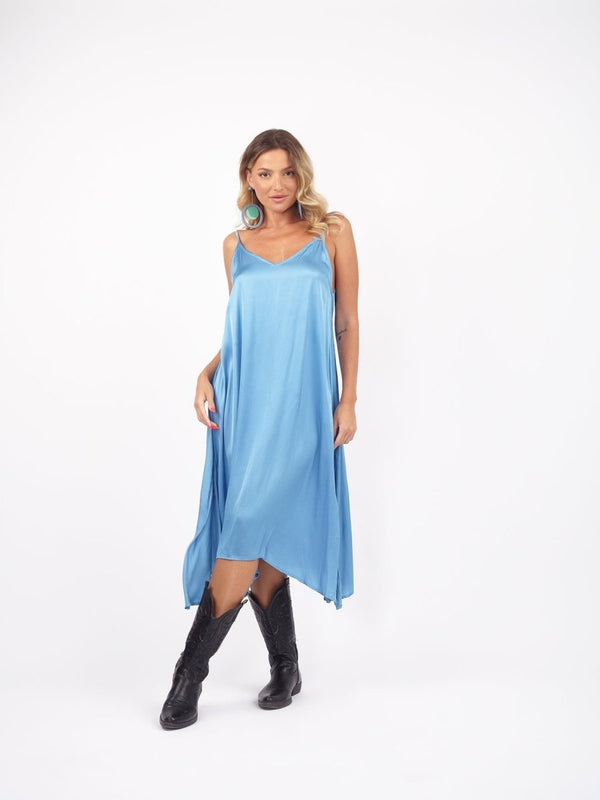 Vestito midi satinato bretelle Mona - cipria - Bijondo