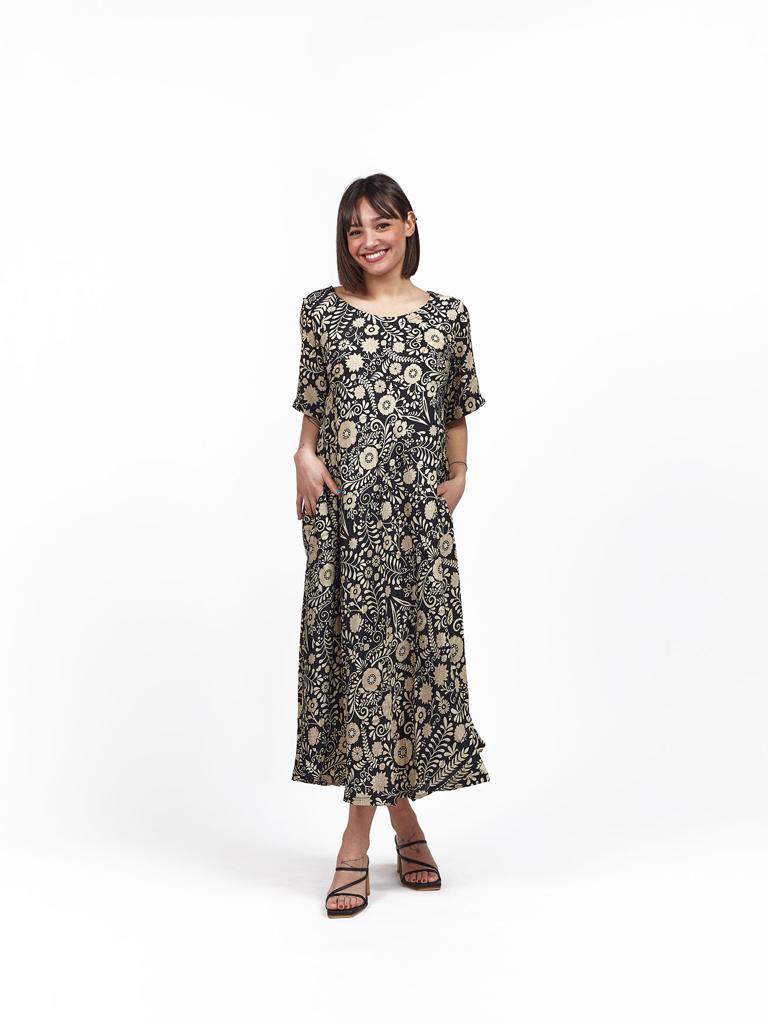 Vestito midi seta con manica Clarita - nero - Bijondo