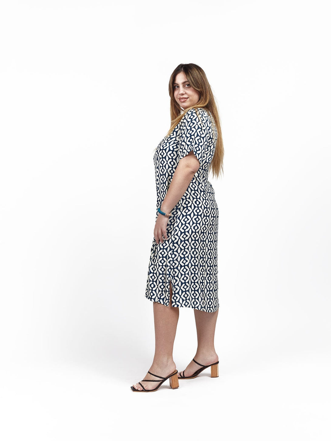 Vestito midi seta manica Gaia - blu - Bijondo