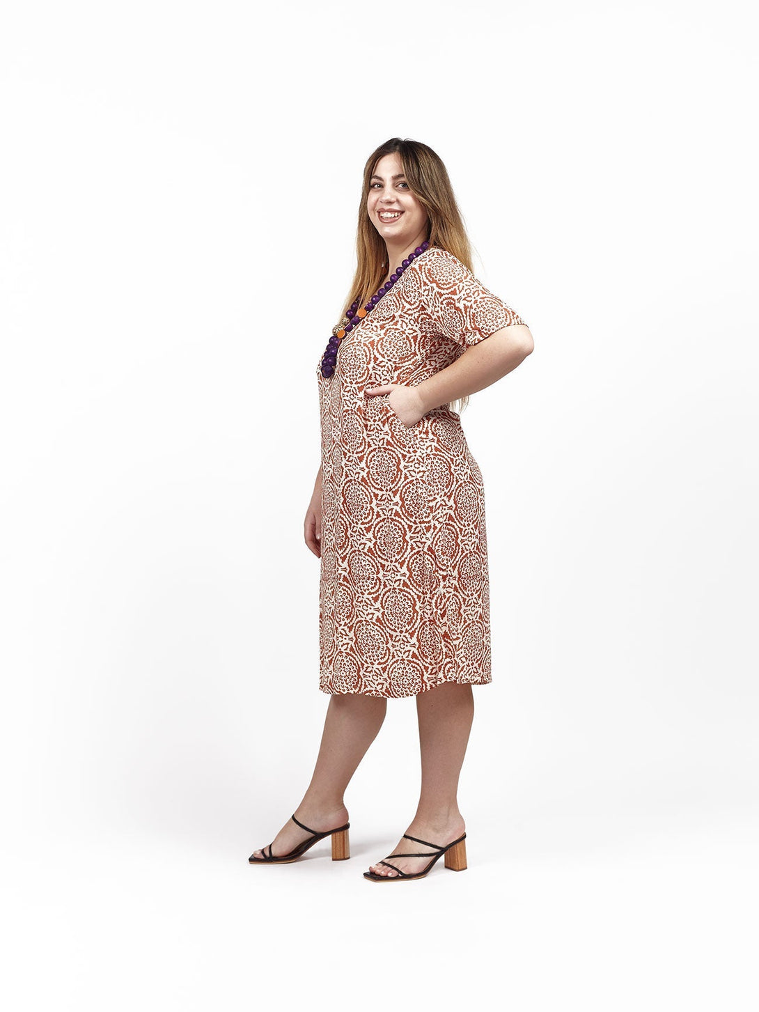 Vestito midi seta manica Gaia - ruggine - Bijondo