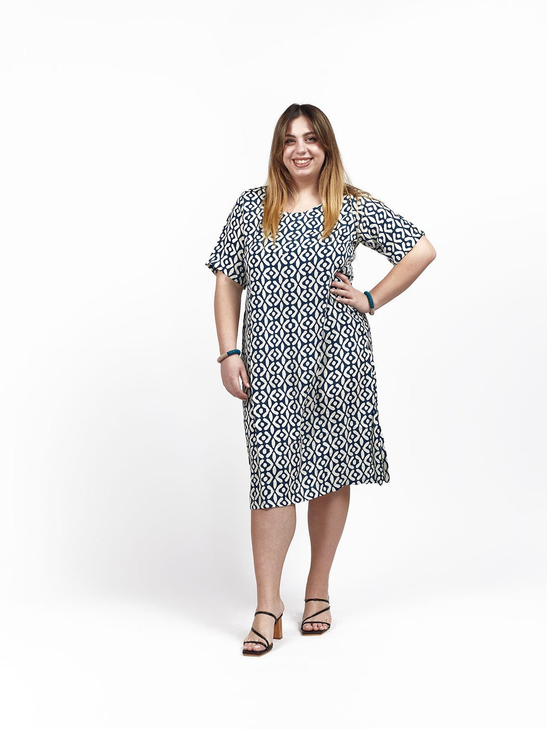 Vestito midi seta manica Gaia - blu - Bijondo