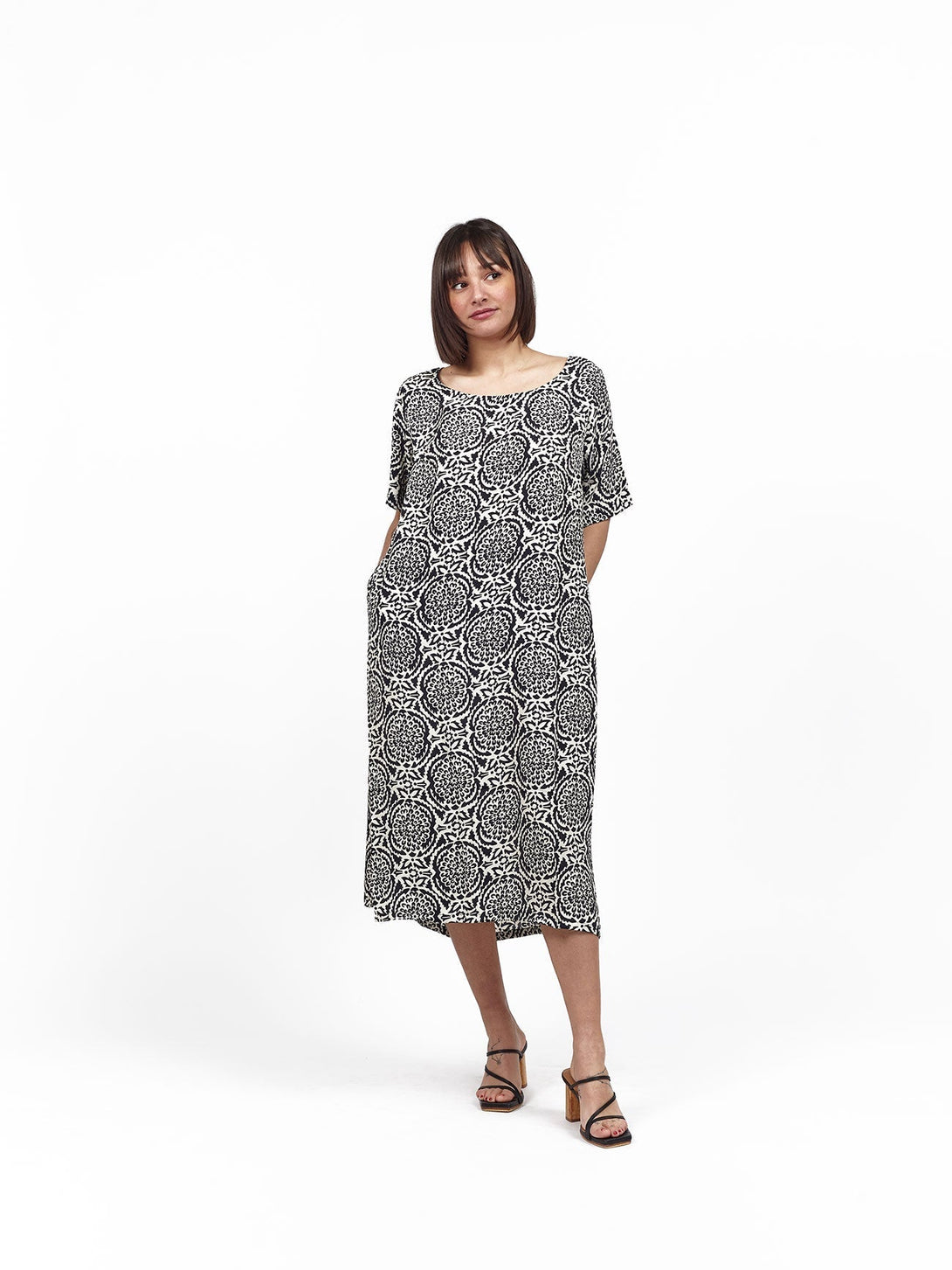 Vestito midi seta manica Gaia - nero fiori - Bijondo