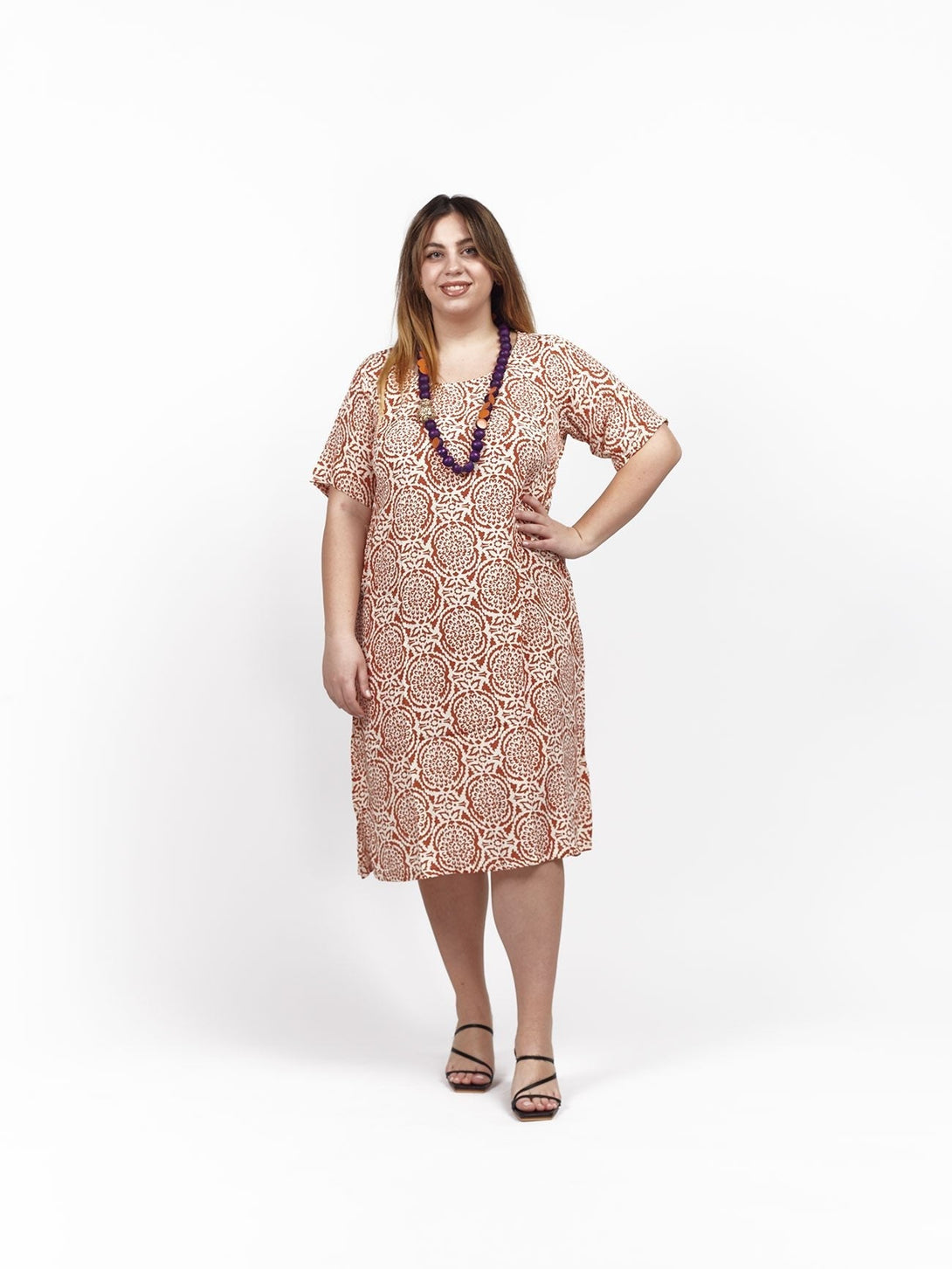 Vestito midi seta manica Gaia - ruggine - Bijondo