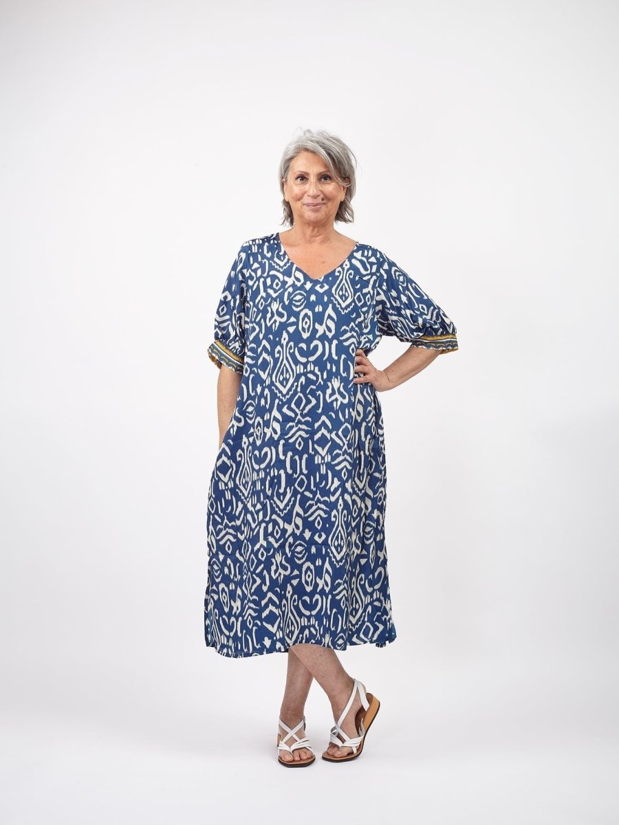 Vestito midi seta manica corta Zahra - blu - Bijondo