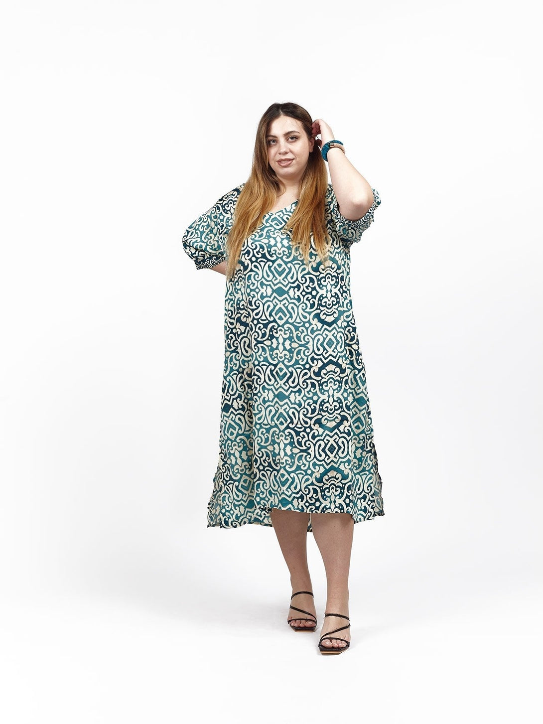 Vestito midi seta manica corta Zahra - celeste boho - Bijondo